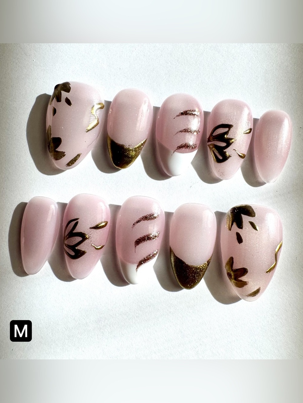 Nude Pink Press-On Nails Set — Gold Floral Designs